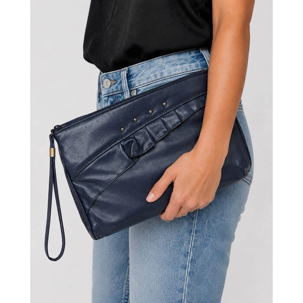 Vintage 80s Navy Blue Womens Faux Leather Ruffle Pleated Studded Zip Clutch Bag